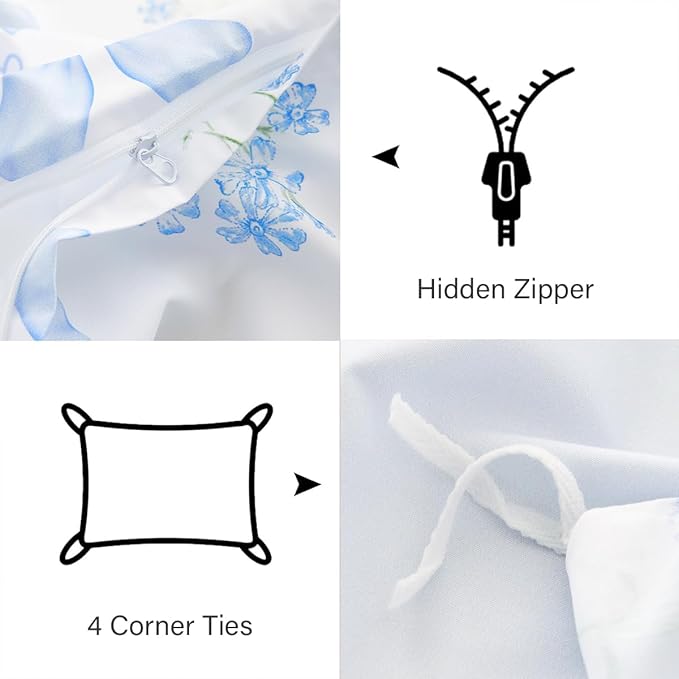 Blue Bow Duvet Cover Queen 3Pcs Girls Floral Duvet Cover Set, Cute Romantic Princess Style Bowknot Bedding Set Soft Microfiber Garden Flower Bedding with 2 Pillowcases(No Comforter)