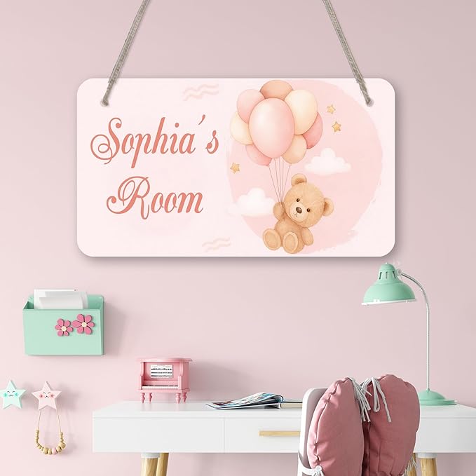 Pink Bear Design Personalized Room Door Sign Custom Name Signs Kids Girls Bedroom Decor Nursery Dorm Farmhouse Baby Room Wood Hanger Toddler Art Wall Plaque 12x6 Inches