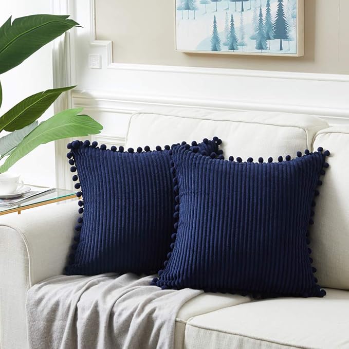 Fancy Homi Set of 2 Navy Blue Decorative Throw Pillow Covers 14x14 Inch with Pom-poms for Couch Bed Sofa, Modern Farmhouse Boho Home Decor, Soft Plush Corduroy Cute Cushion Case 35x35 cm