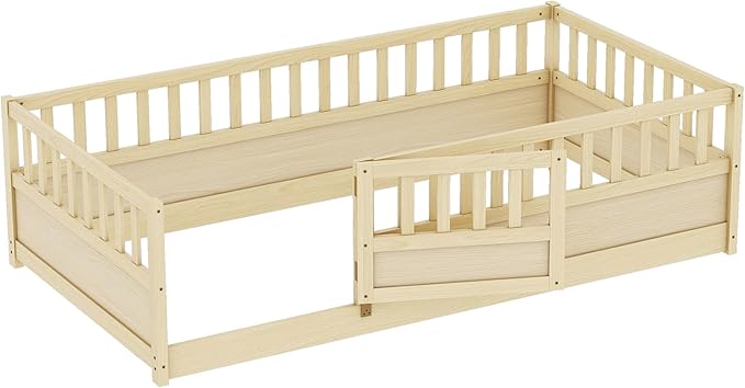 KEIKI Twin Kids Floor Bed, Montessori Kids Floor Bedframe with Fence & Door, Children's Wood Bed for Living Room, Natural