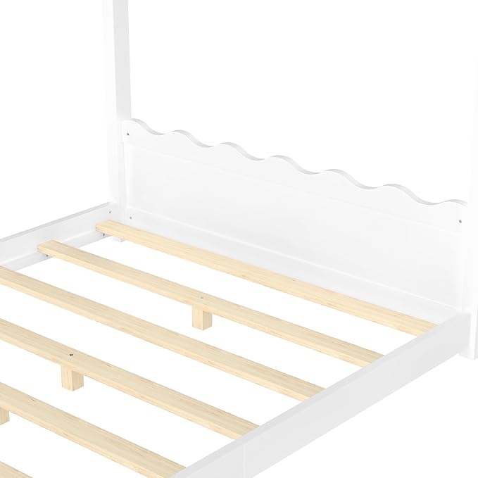 Full Size Wooden House Floor Bed - Kids Bed Frame with Roof & Support Slats for Bedroom, No Box Spring Needed, Easy Assembly (White)