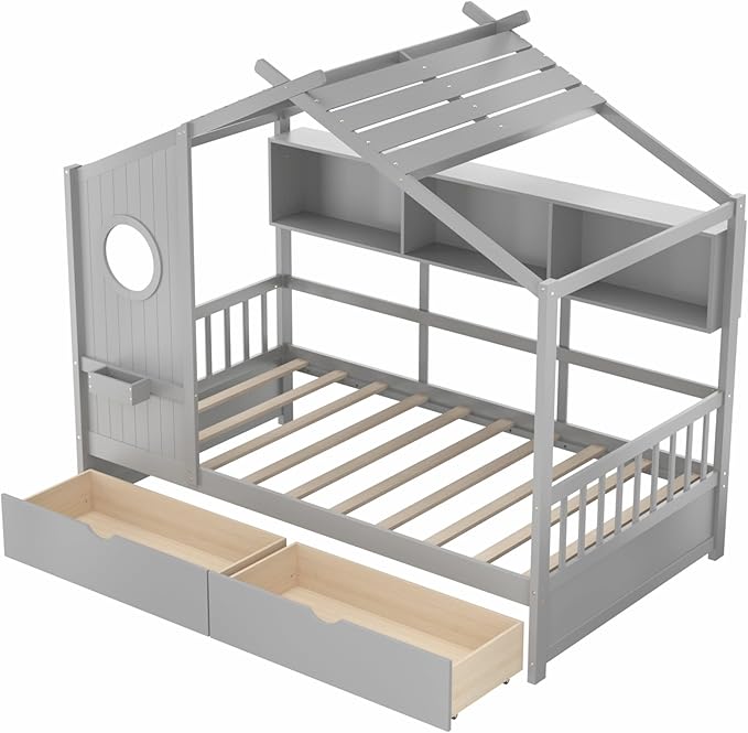 KOMFOTT Twin Size Wood House Bed with 2 Drawers, Wooden Bed Frame with Cube Storage & Fence Rails, Wooden Platform Twin Bed Frame with House-Shaped Roof for Bedroom, No Box Spring Needed (Grey)