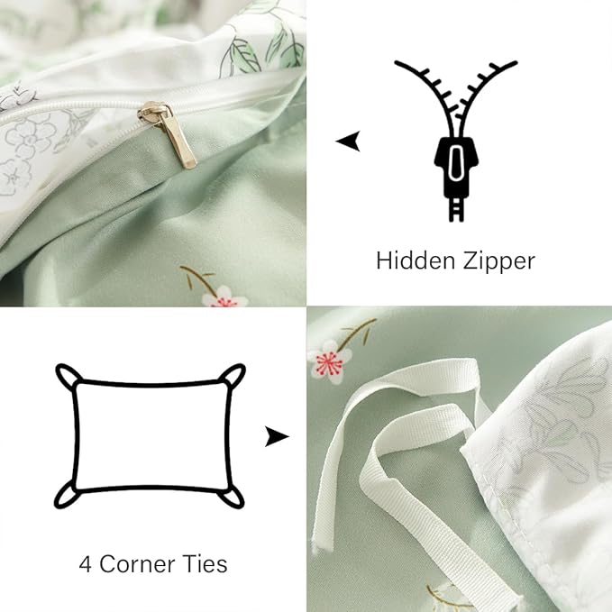 Botanical Duvet Cover Full Sage Green Reversible Floral Bedding Set Farmhouse Leaf Bedding 3Pcs Modern Aesthetic Duvet Covers with Zipper Closure Ultra Soft Microfiber
