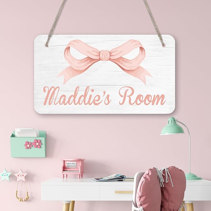 Personalized Rose Pink Bow Kids Room Door Sign Custom Name Girls Boys Bedroom Decor Toddler Baby Nursery Wood Art Wall Plaque 12x6 Inches