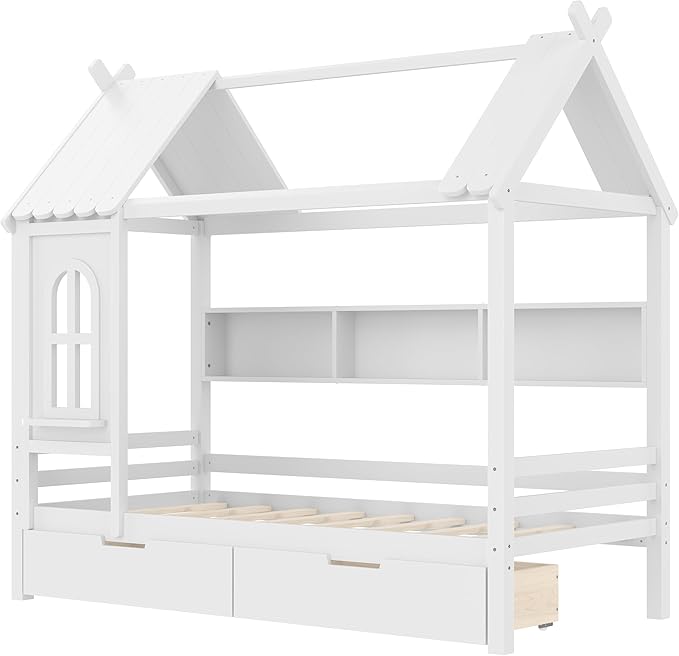 MERITLINE Twin Size House Bed with Storage Drawers & Window, Solid Wood Platform Bed Frame with Shelves, No Spring Box Needed, Childlike Design for Kids, Girls, Boys, Light White