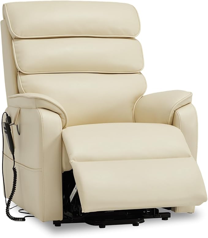 DYNOX 350 LBS Power Lift Recliner Chair for Elderly, Medium Size Dual Motor Lay Flat Infinite Positions Recliner with Heat & Massage(9188,Faux Leather,Cream)