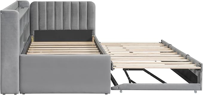 Twin Size Daybed with Trundle and Storage L-Shaped Bookshelf Headboard, Velvet Upholstered Soft Corner Bed with Charging Station and Shelves for Kids Boys Girls, Gray