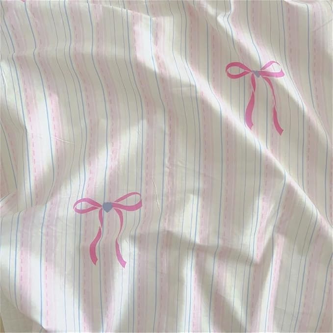 Pink Striped Duvet Cover Queen Size Bow Bedding Set 3 Pieces Kids Boys Girls Princess Style Bowknot Heart Pattern Stripe Reversible Coquette Soft Microfiber Duvet Cover Set with Zipper Closure