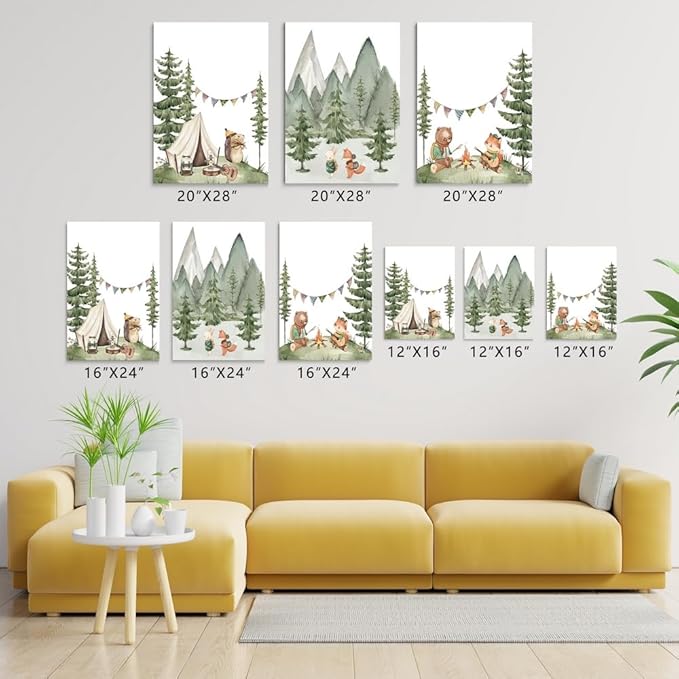 Camping Nursery Wall Art, Woodland Hiking Nursery Wall Decor, Bear Fox Animals Forest Mountain Wall Art, Nature Kid Print for Baby Boy Girl Bedroom, Children's Room Decor, Framed Canvas, 16"x24"x3