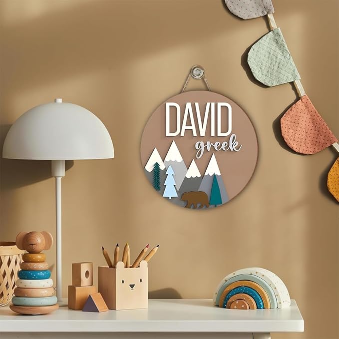 Bear and Mountain Nursery Decor β Custom Round Wood Name Sign for Kids Room β Personalized Baby Name Door Hanger, Toddler Room Decor, Boys Room Wall Art