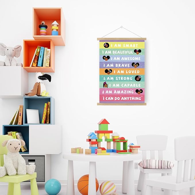 Qswo Positive Affirmations Wall Decor for Girls,I Am Smart Black Girl Wall Art Poster Hanger Frame,Inspirational Hanging Canvas Wall Decor for Girls Room Dorm Nursery