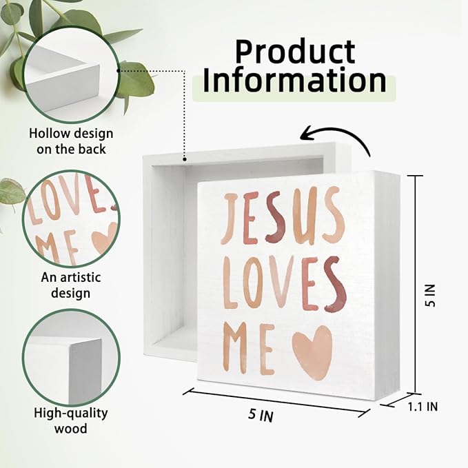 Baby Girls Nursery Decor - Jesus Loves Me Christian Gifts Wood Sign Wall Art Decoration, Boho Neutral Bible Verse Kids Boys bookshelf Decorations, Toddler Girls Room Decor 5x5