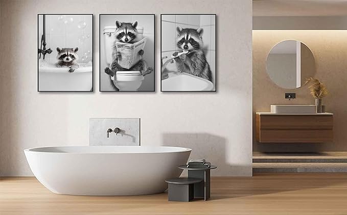 Funny Raccoon Bathroom Canvas Wall Art Black and White Cute Raccoon Sitting on Toilet Poster Print Artwork Humor Adorable Animals Pictures Wall Decor for Washroom Restroom laundry 16x24in Unframed