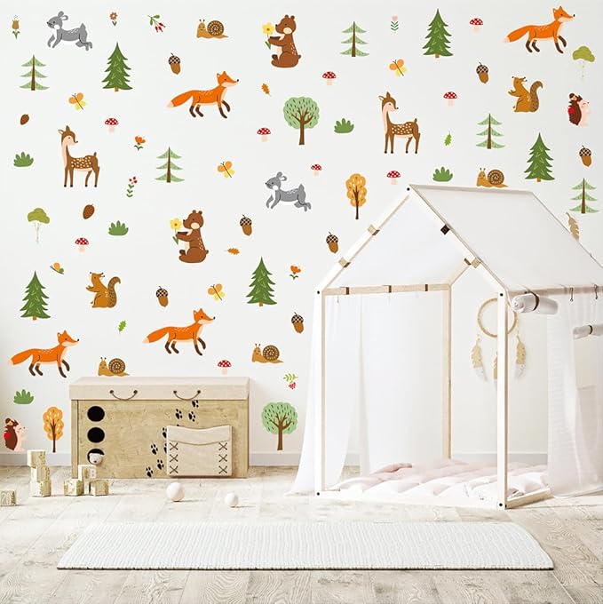 Woodland Forest Animals Wall Stickers – 80 Pcs Cute Deer, Fox, Bear & Tree Vinyl Decals, Removable Waterproof Nursery Wall Art Decor | A Simple Peel Creates a Cozy Nature Retreat (6 Sheets)