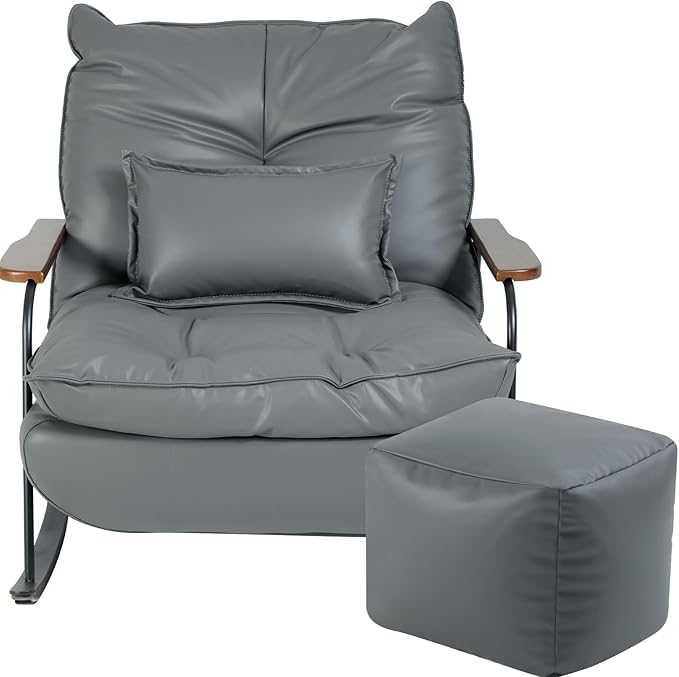 zyz Rocking Chair with Ottoman and Pillow, Mid-Century Modern Recliner, Reclining Nursery Rocker, Wood Armchair, 25° Rocking Motion, Lazy Sofa for Living Room Bedroom Balcony, PU Leather (Dark Grey)