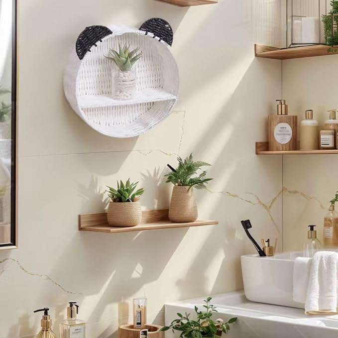 Wicker Wall Shelf, Round Rattan Hanging Organizer with Black Ears, Cute Nursery Wall Decor for Kids Room, Baby Bedroom Storage Rack, Small Floating Shelf for Plants, Toys & Home Décor
