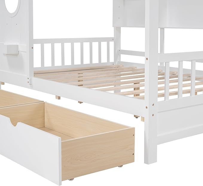 Harper & Bright Designs Full Size Modern House Bed with Roof, Wooden Twin Size House Bed with 2 Drawers and Storage Shelf, Gray