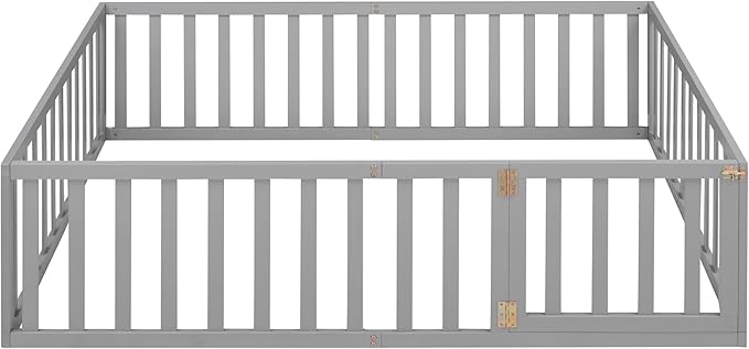 Merax Full Floor Bed with Safety Guardrails and Door, Wood Montessori Floor Bed Frame for Kids, Full Playhouse Bed Frame for Baby Girls and Boys, Grey