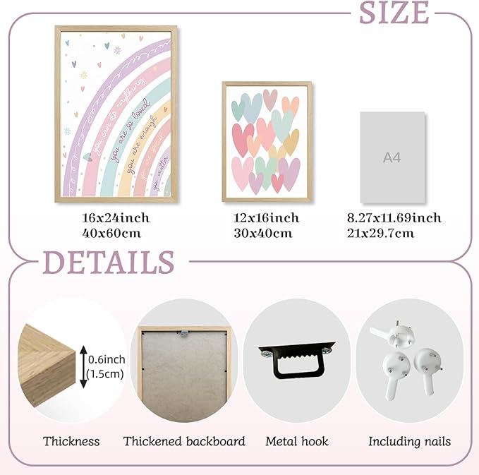 LLEEMPI Pink Heart Sun Rainbow Wall Art Set of 3, Baby Room Wall Decor, Boho Rainbow Nursery Canvas Painting, Classic Minimalist Poster Prints for Bedroom Bathroom Classroom Wood Framed 12x16 Inch
