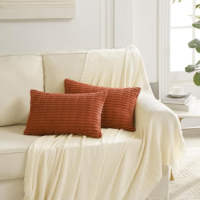 Fancy Homi 2 Packs Burnt Orange Decorative Throw Pillow Covers 14x24 Inch for Living Room Couch Bed Sofa, Rustic Farmhouse Fall Home Decor, Soft Striped Corduroy Square Cushion Case 35x60 cm