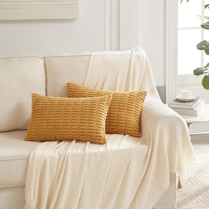 Fancy Homi 2 Packs Mustard Yellow Lumbar Decorative Throw Pillow Covers 14x24 Inch for Living Room Couch Bed, Rustic Farmhouse Boho Home Decor, Soft Striped Corduroy Rectangle Cushion Case 35x60 cm
