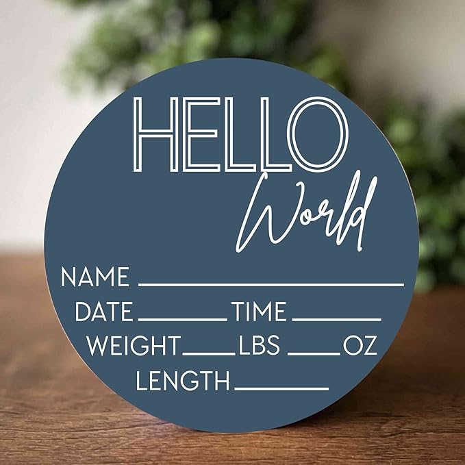 Hello World Newborn Sign - Baby Name Birth Announcement Plaque for Hospital - Photo Prop - Blue Nursery Decor - Shower Gift