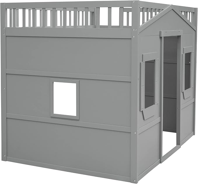 Full Size Loft Bed with Safety Guardrail for Kids Boys Girls, Playhouse Design Solid Wood Loft Bed Frame with Ladder and Windows, Strong Wood Slats Support, Space-Saving (Gray)