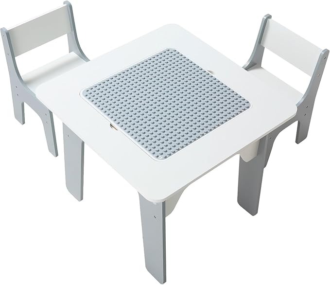 VEVOR Kid Activity Table and 2 Chairs Set, 23*23*20inch Graffiti & Building Blocks Double-Sided Tabletop, Toddler Play Table with Storage for Kids 3+ Years, Large Storage Space, Gift for Boys & Girls