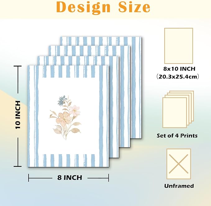 JINYO Elegant Blue Pink Floral Wall Art Prints Set of 4, Floral Room Decor, Rustic Cottagecore Blue and White Striped Flower Posters Pictures Wall Decor for Home Bedroom, 8x10 Unframed