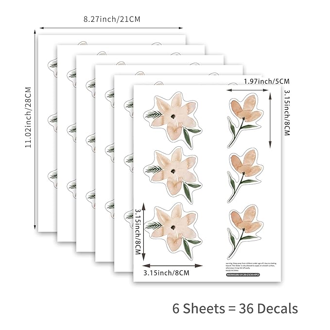 YouRfocus Daisy Wall Decals | 36 PCS Boho Flower Stickers for Girls' Rooms, Playrooms, Nurseries | Dual Layer Print for High Coverage | Removable Peel and Stick (Orange)| 6 Sheets