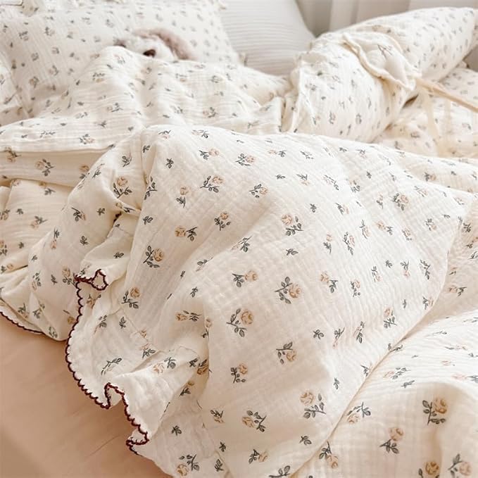 AOJIM Muslin Baby Kids Duvet Cover with Ruffled Edges for Boys Girls, 1 Piece Pure Cotton Toddler Comforter Cover 47X59'', Rose Pattern Kids Bedding 2-Layer Gauze, No Quilt or Pillowcases