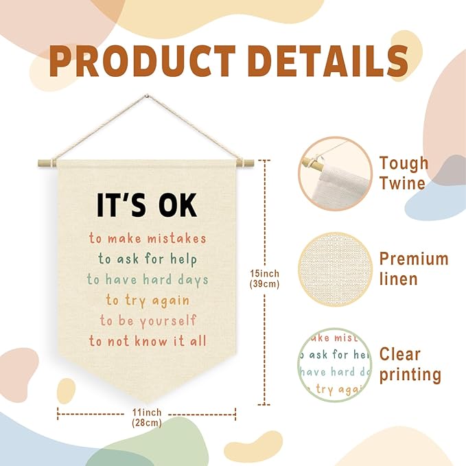 Affirmations Wall Hanging Art for Kids, It's OK Not to Be OK Positive Canvas, Nursery Decor, Classroom Decor Canvas Banner,Kids Affirmations Nursery Wall Art Canvas Hanging Pennant Flag Banner