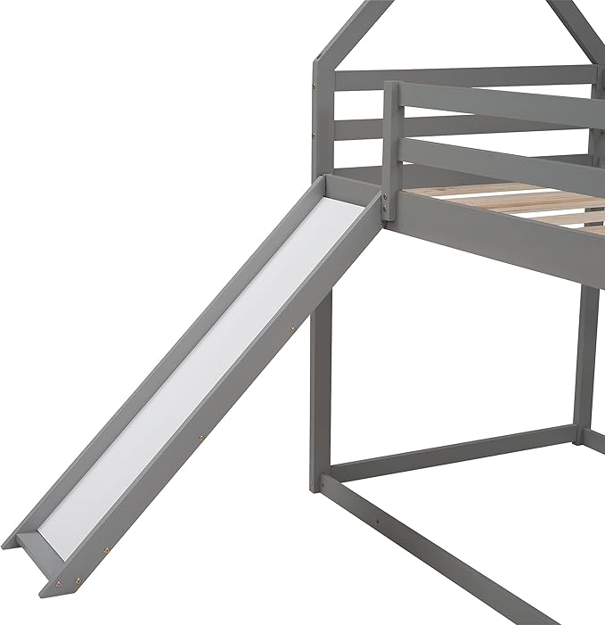 MERITLINE House Shaped Bunk Bed Twin Over Twin Size Wood Bunk Bed with Slide Low Bunk Beds for Boys and Girls, Twin Size, Grey