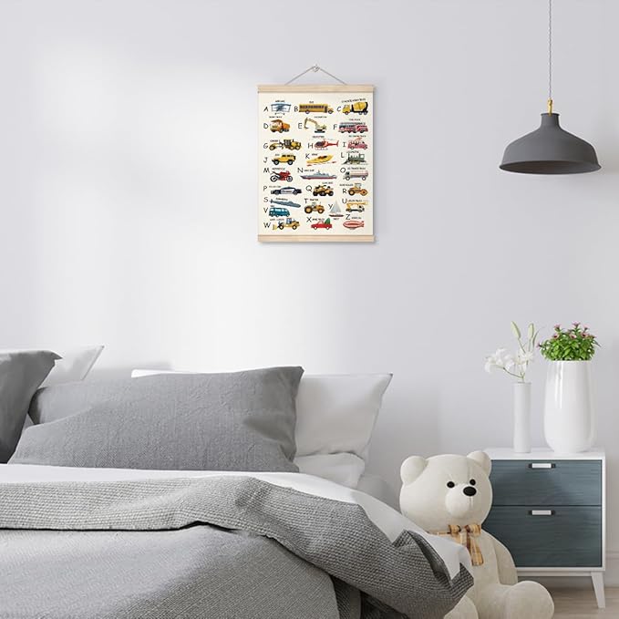 WDSXWH ABC Alphabet Truck Poster Hanger Frame, Transport Alphabet Poster for Toddlers, Construction Room Decor for Boys Kids Room Nursey Classroom Kids Playroom, Nursery Wall Art