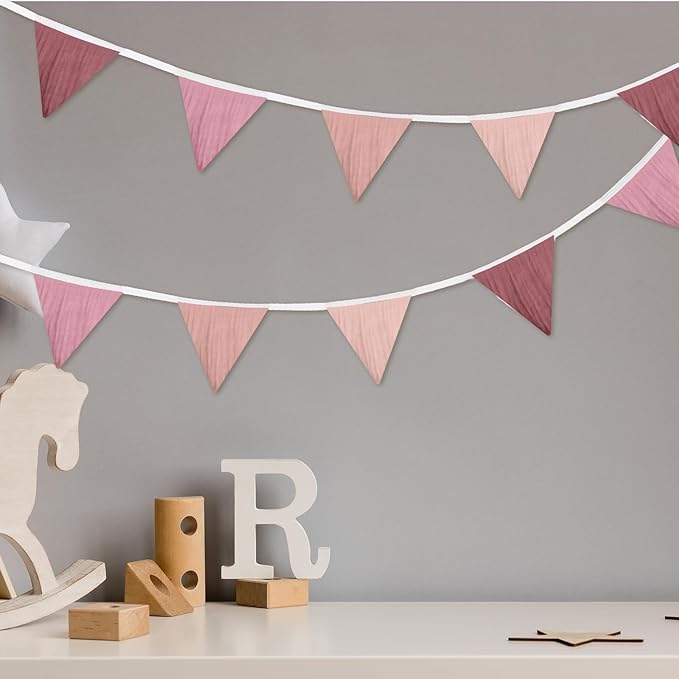 Oudain 15.5 ft Pennant Banner Flags, 2 Pcs Nursery Garland Triangle Bunting Flag Baby Banner for Nursery Decor Baby Shower Birthday Boho Wedding Party Event, Each 7.75 ft (Pink Color)
