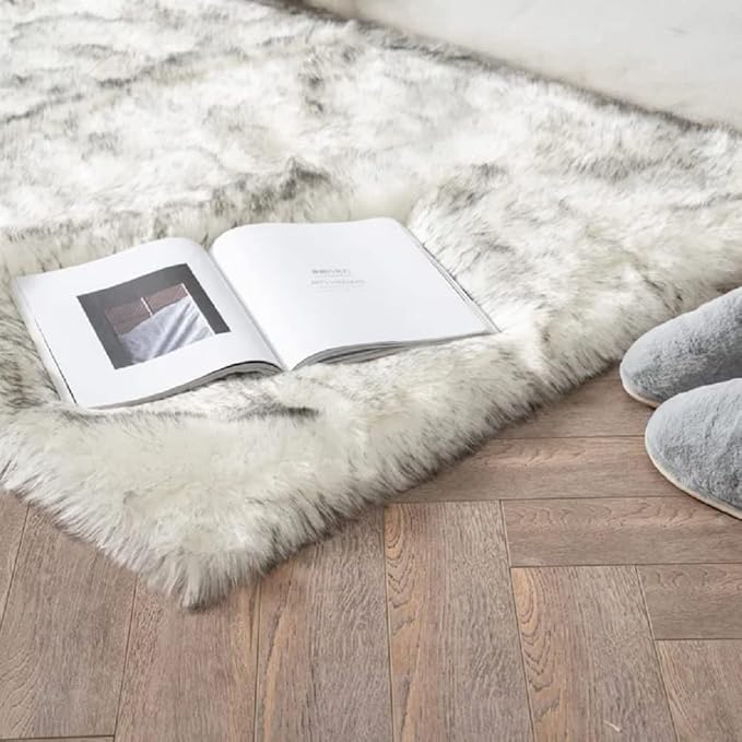 White and Grey Round Rugs 6ft Circle Furry Rug for Living Room Washable Shag Faux Sheepskin Fluffy Fur Rugs for Bedroom Nursery Rug