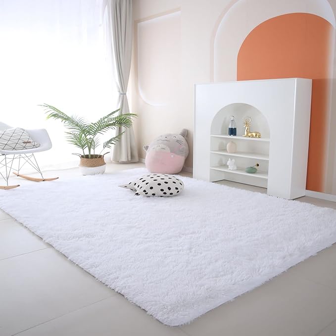 CAIYUECS Ultra Soft Shag Area Rug for Indoor, Kids Bedroom Living Room, Non-Skid Modern Nursery Faux Fur Fluffy Plush Rugs for Christmas Rug Home Decor (5x7 Feet, White)