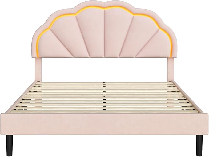 HIFIT Queen Upholstered Smart LED Bed Frame with Adjustable Chic Petal Headboard, Soft Princess Queen Size Platform Bed Frame for Girls, Wooden Slats Support, No Box Spring Needed, Easy Assembly, Pink