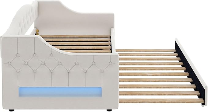 Merax Twin Size Linen Corner Daybed with Trundle and LED Belt, Upholstered Headboard Captain Bed Frames for Small Room, Bedroom, Guest Room, Kids' Room, White