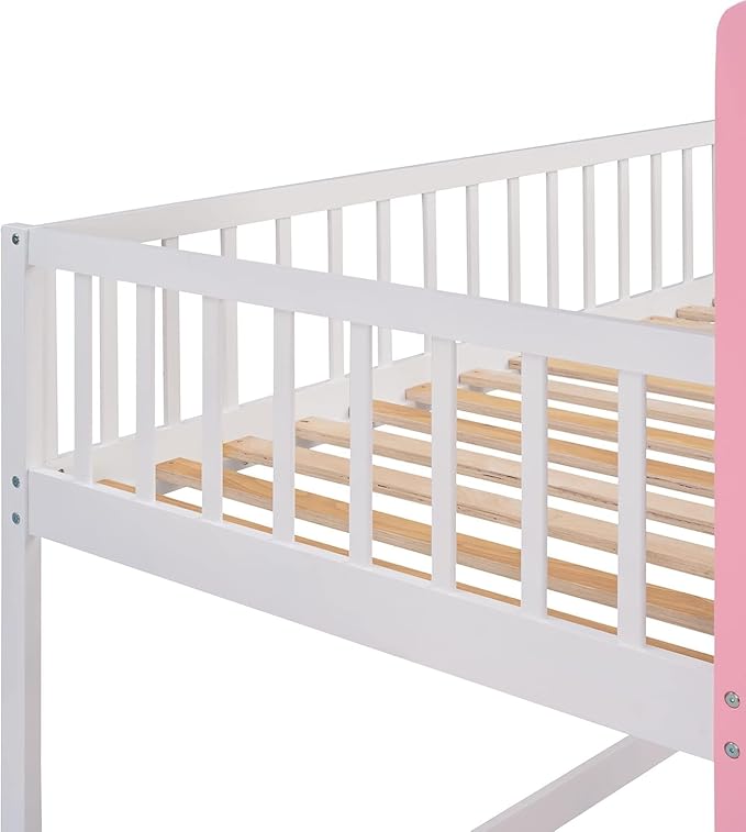 MERITLINE Twin Over Twin Castle Bunk Bed with Ladder,Solid Pine Wood Floor House Princess Bunk Bed Pink