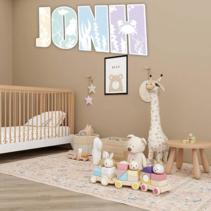 Personalized Wooden Name Sign - Custom Baby Name Signs for Nursery & Kids Room, Baby Announcement Sign, Wall Name Signs Personalized, Round Wooden Letters for Nursery Decor (Sea Animal 3D)