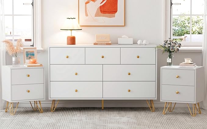 White Dresser for Bedroom, Modern 7 Drawer Dresser with Gold Handles and Metal Legs, White and Gold Dressers & Chest of Drawers for Hallway, Entryway