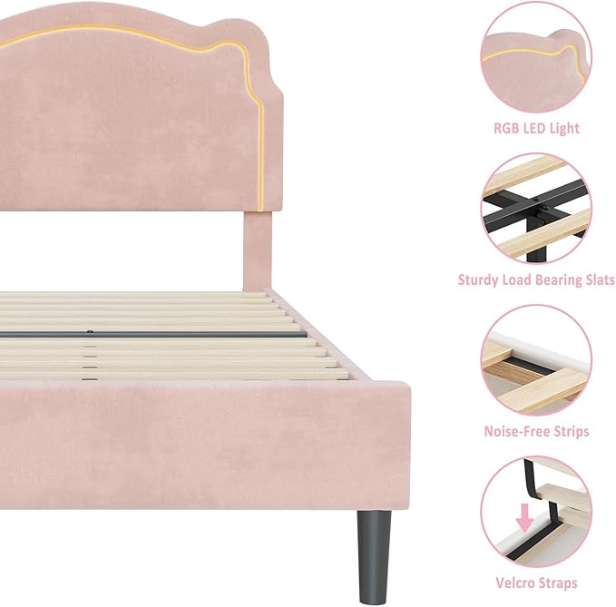 GarveeHome Twin Upholstered Smart LED Bed Frame with Headboard, Velvet Princess Platform Bed Frame for Kids, Wooden Slats Support, No Box Spring Needed (Pink, Twin)
