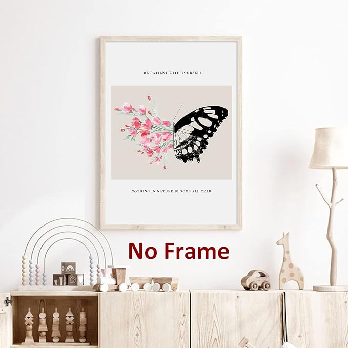 Be Patient with Yourself Art Positive Affirmation Artwork Mental Health Posters Butterfly Flower Painting Pink Watercolor Flower Prints Black Butterfly Pictures for Living Room Bedroom 16x24in