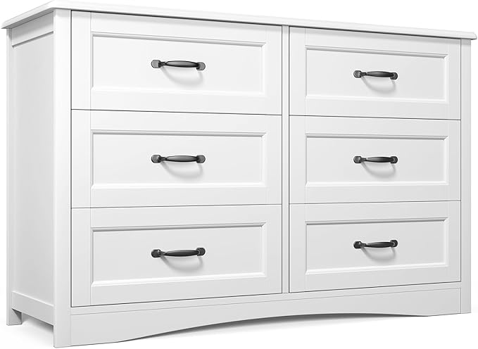Gizoon 6 Drawer Dresser for Bedroom,47'' Larger Chest of Drawers with Mental Handle for Kids Room, White Dresser with 6 Storage Drawers for Living Room, Entryway and Hallway, White