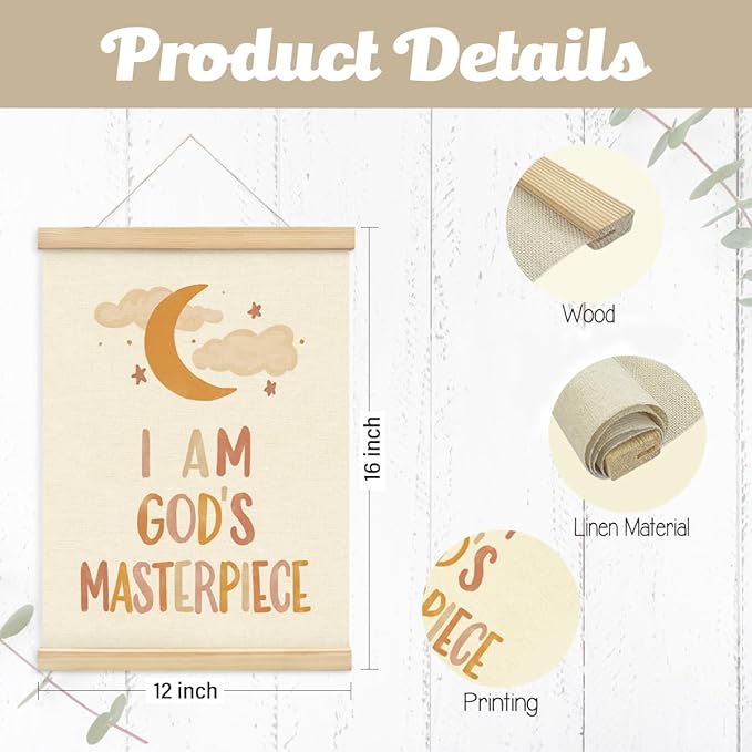PLKMN Christian Nursery Wall Decor, I am God's Masterpiece Wall Art with Wooden Poster Hanger, Boho Moon Christian Wall Decor for Nursery Kids Room Sunday School Preschool Classroom, 12x16 Inch