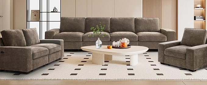 TEKAMON 128" Modular Sofa Couch with Seat Storage, Chenille Sofa,Modern Comfy 4-Seater Couch for Living Room, Office, Apart W/Deep Seat, Wide Armrest, USB, Pockets, Removable Covers (Brown)
