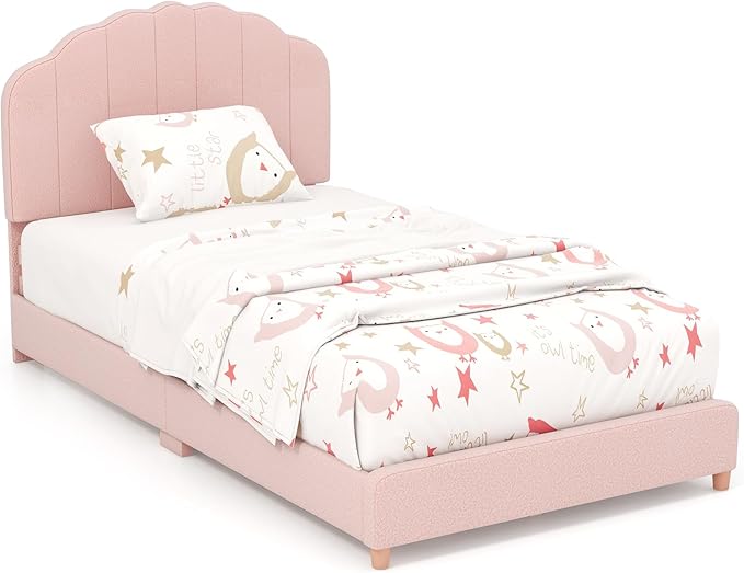 Costzon Twin Bed Frames with Adjustable Headboard, 660 LBS Weight Capacity Upholstered Wooden Kids Bed w/Slats Support, No Box Spring Needed, Easy Assembly, Twin Platform Bed Frame (Pink Shell)