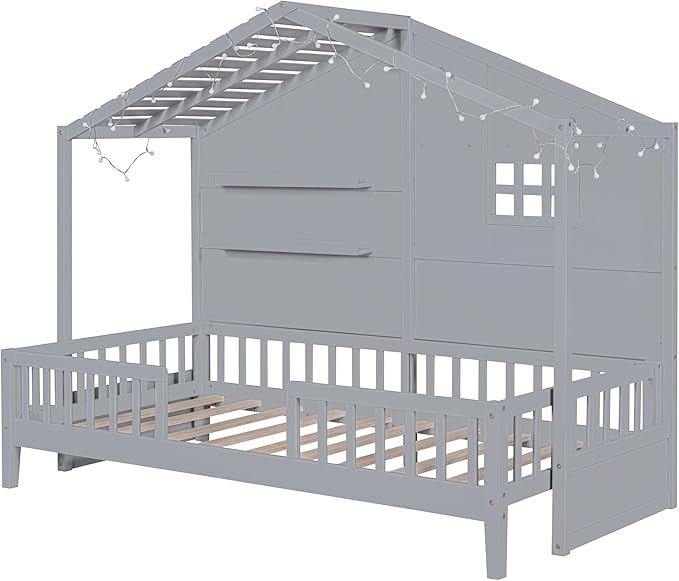 Merax Twin Size House Bed with Shelves, House Bed with Window and Sparkling Light Strip on The Roof, Grey