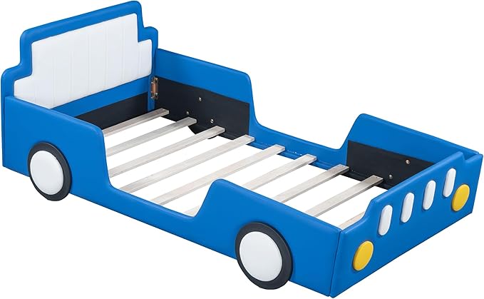 Twin Size Race Car-Shaped Platform Bed with Wheels, Unique Design Floor Bed with PU Leather Headboard and Safety Guardrails, Wood Slat Support for Kids,Boys,Girls (Blue-100A)